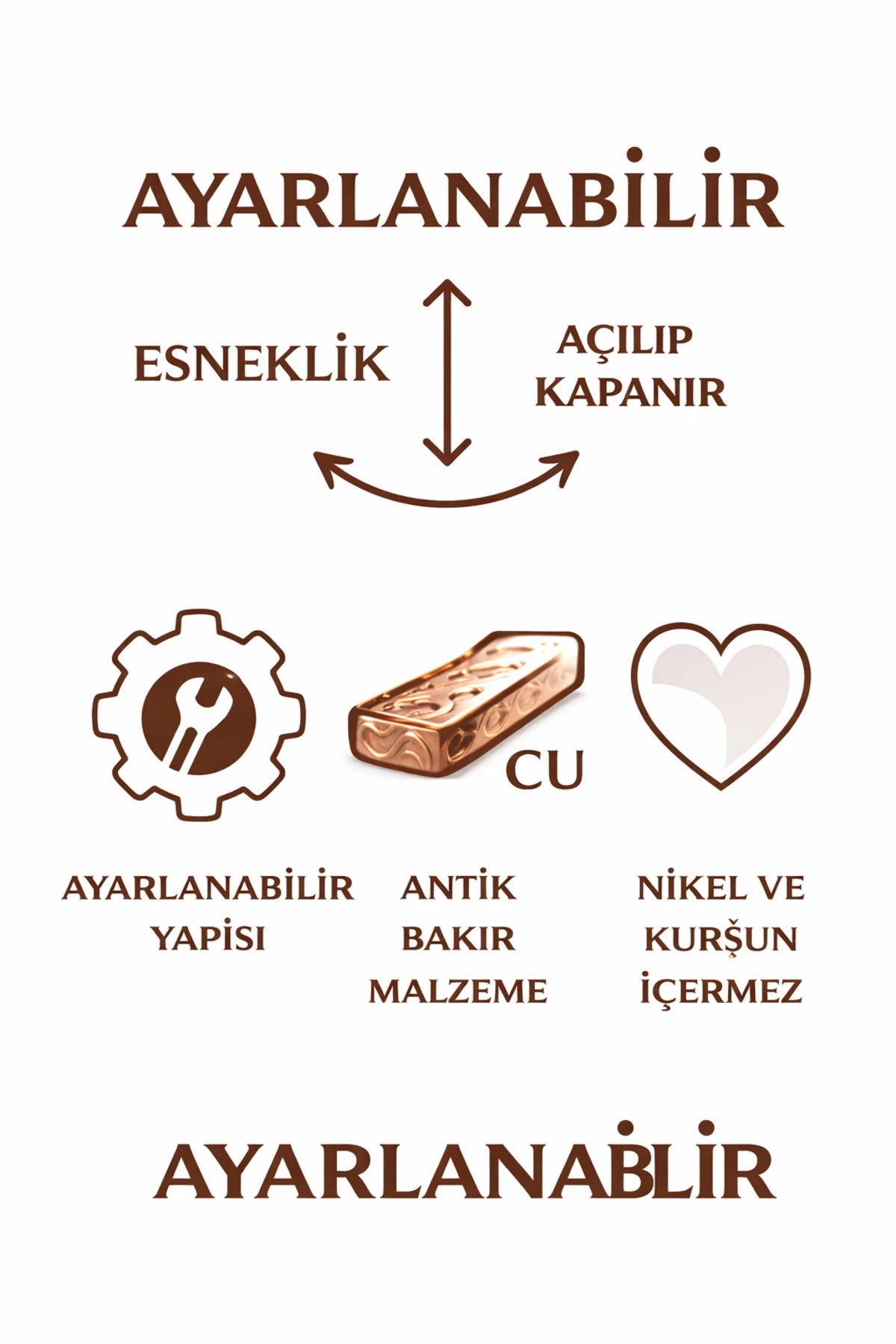 Dalgalı Tasarım Bakır Bilezik El Yapımı Antialerjik Ayarlanabilir Bileklik Kadın