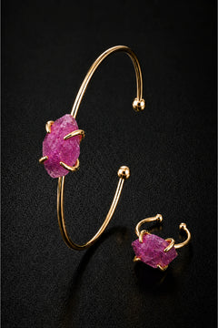 14 Ayar Altın Kaplama %100 Saf Bakır Doğal Pembe Kuvars Taşlı Kadın Bileklik ve Yüzük Seti