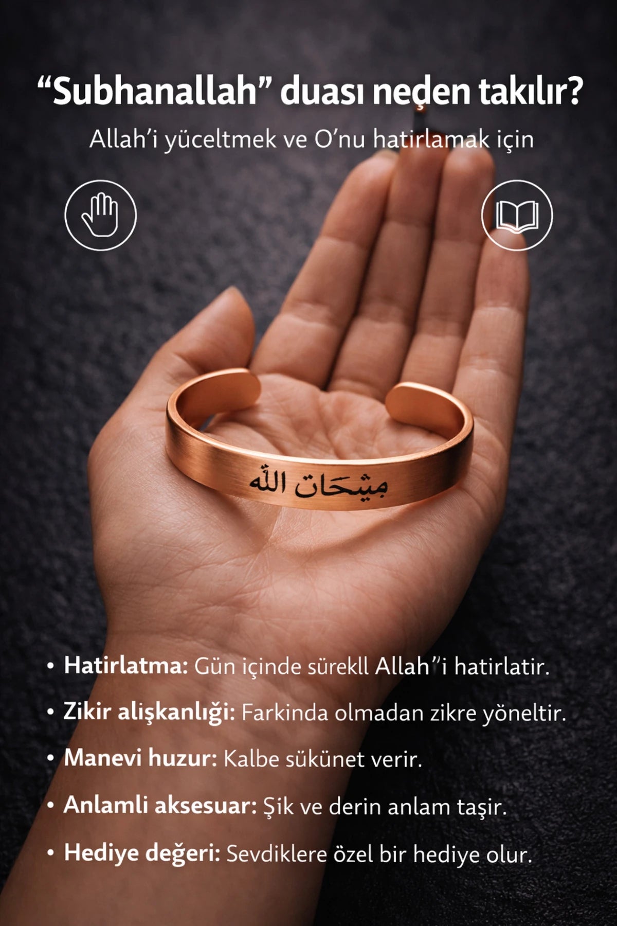 Erkek Kadın Bakır Bileklik Sübanallah Duası Yazılı Saf Bakır Bileklik