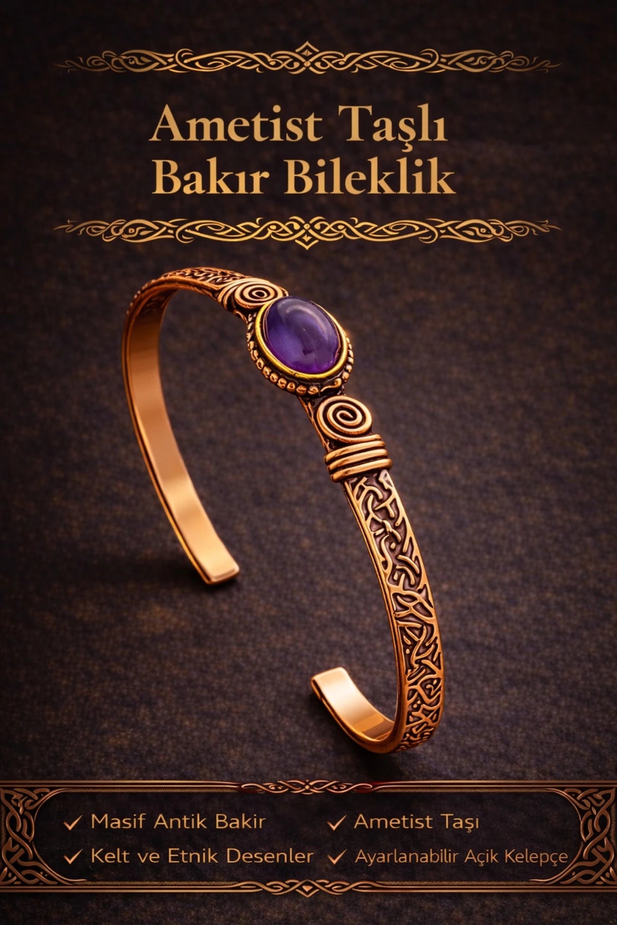 Kadın Bakır Bileklik Ametist Taşlı Kelepçe Bilezik