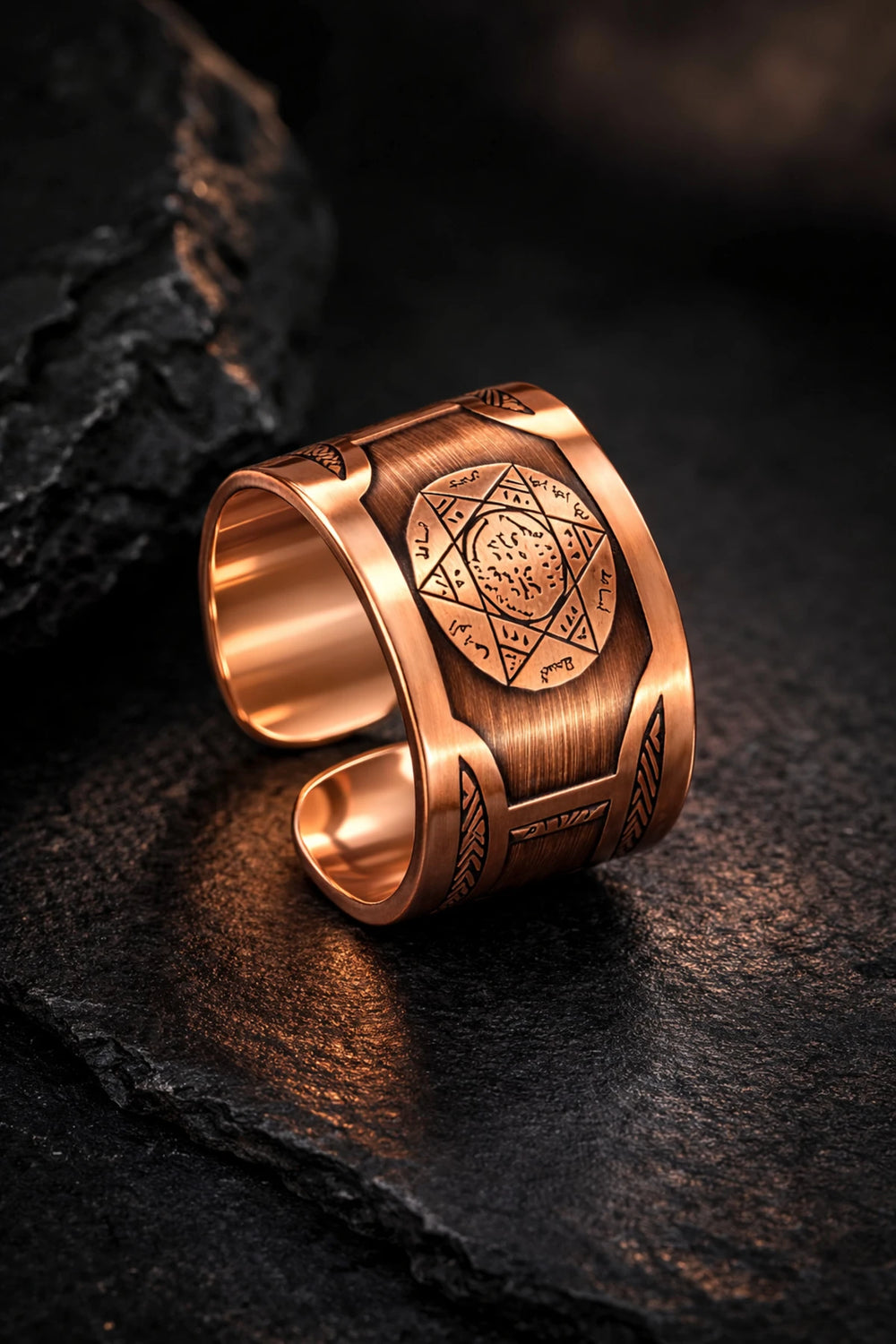 Erkek Kadın Bakır Yüzük Süleyman Mührü İşlemeli Desenli Bakır Yüzük