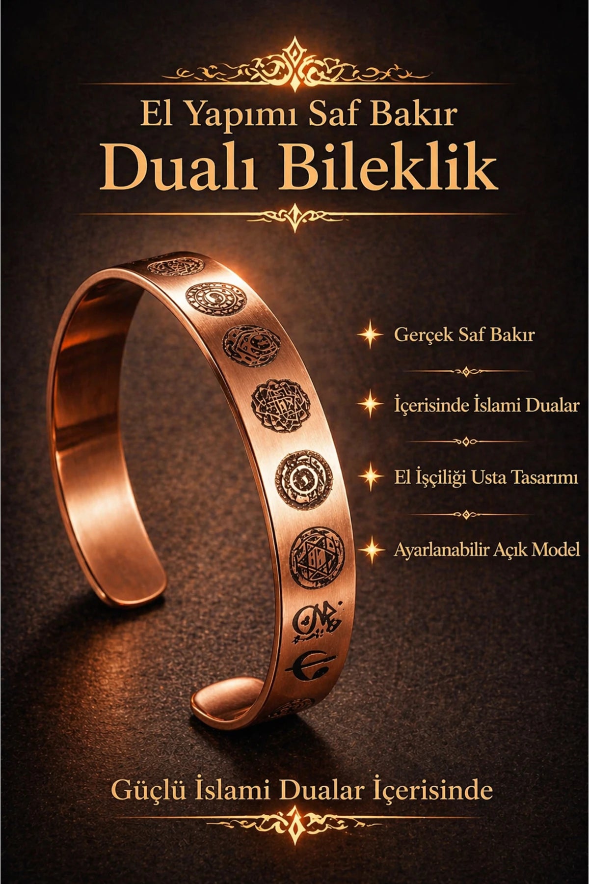 Dualı Bakır Bileklik Hz. Muhammed Mührü Ayetel Kürsi Yazılı Manevi Koruma ve Bereket Bilekliği