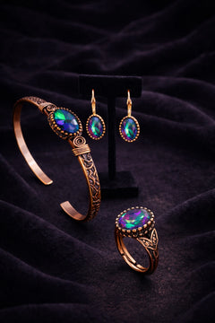 Kadın Bakır Küpe Bileklik Yüzük Takım Seti Doğal Mistik Topaz Taşlı Oval Model Set