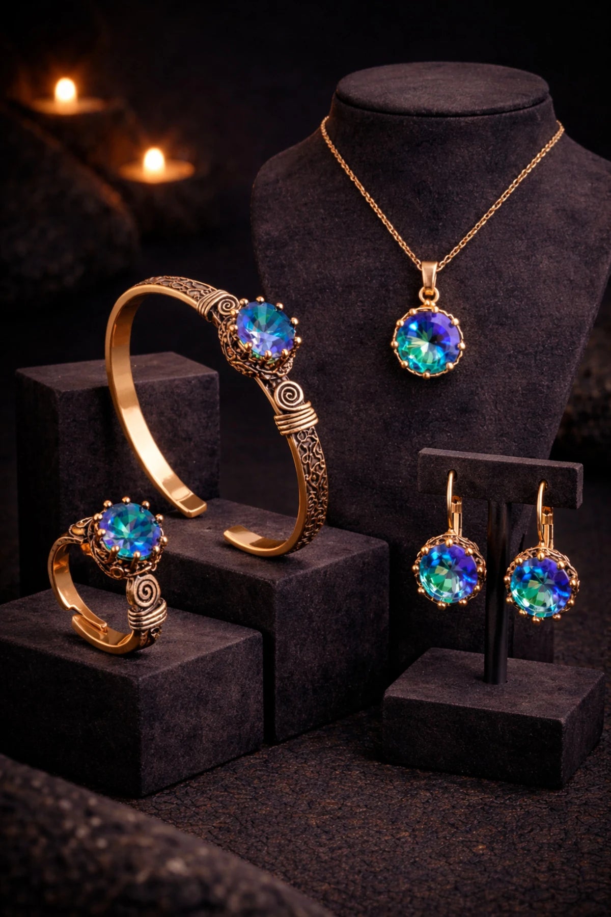 Kadın Bakır Bileklik Yüzük Küpe Kolye Takım Seti Doğal Mistik Topaz Yuvarlak Model Bakır Set