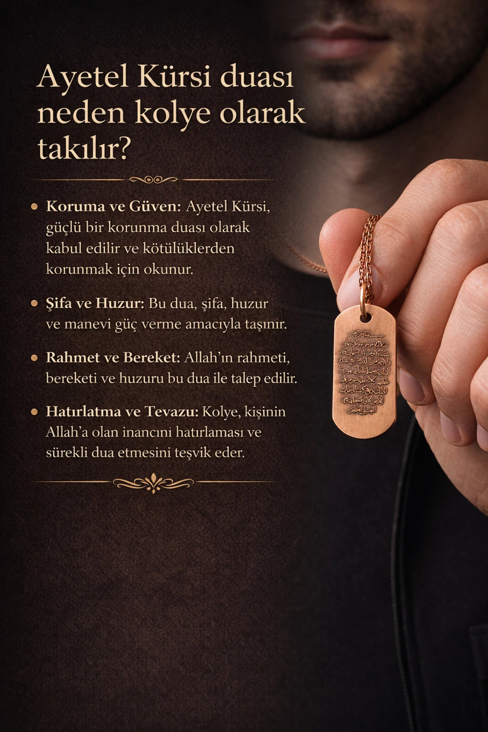 Erkek Bakır Kolye Ayetel Kürsi Duası Yazılı Dog Tag Model Saf Bakır Kolye Zincir