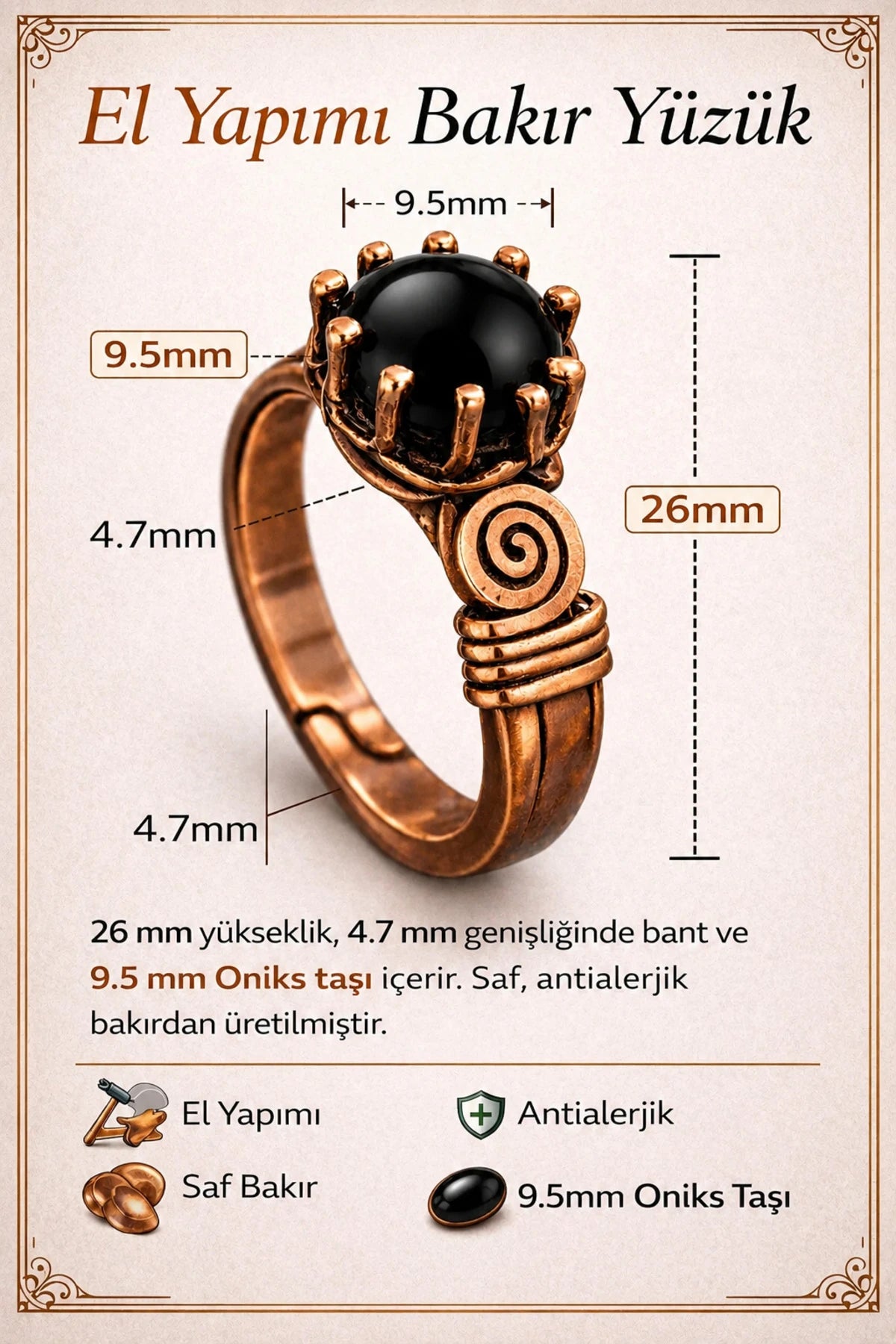 El Yapımı Oniks Taşlı Bakır Yüzük 9.5mm Doğal Taş Antialerjik Kadın Ayarlanabilir Yüzük