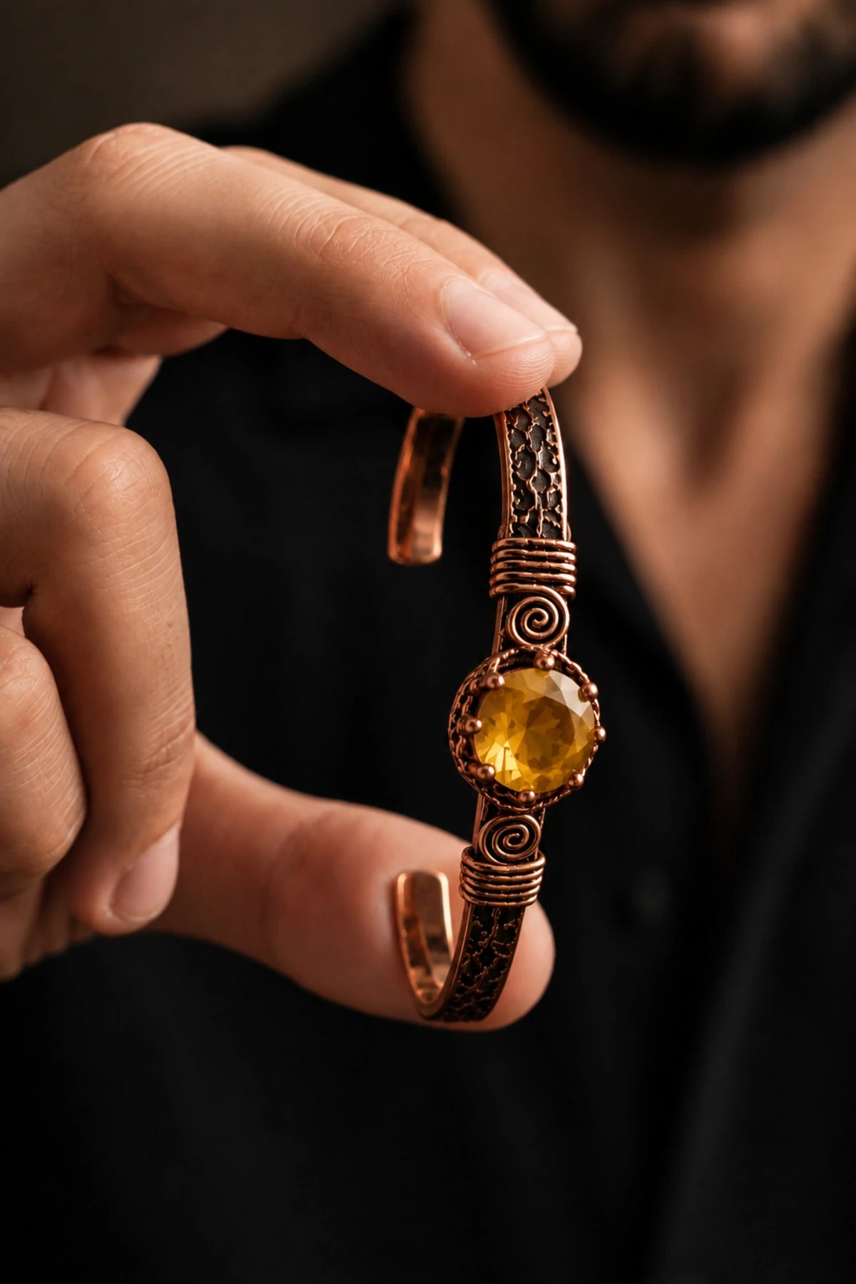%100 Saf Bakır Sarı Sitrin Zirkon Taşlı Kadın Bileklik El Yapımı Ayarlanabilir Otantik Premium Tasarım;