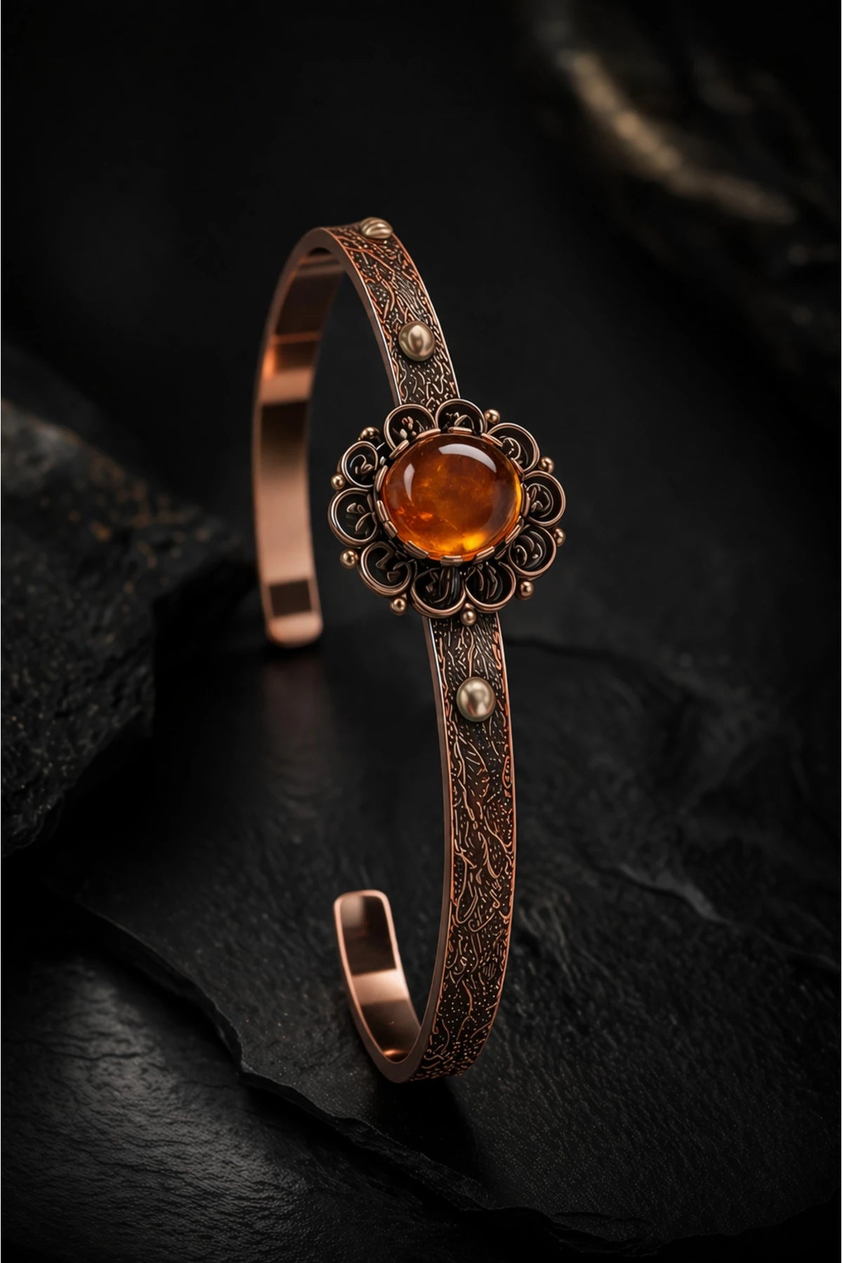Kadın Bakır Bileklik Yüzük Set Doğal Turuncu Taşlı Otantik Model Set