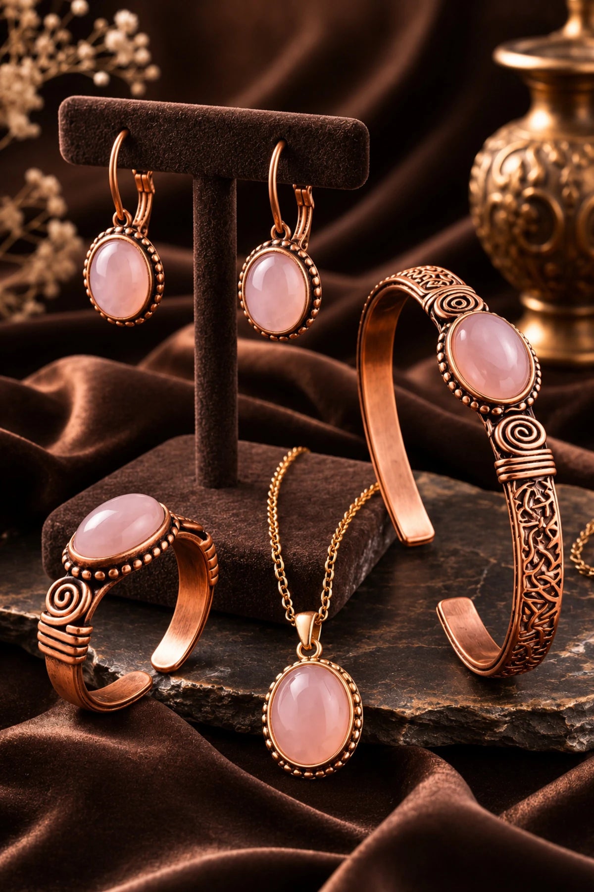 Kadın Bakır Bileklik Kolye Yüzük Küpe Takım Seti Doğal Pembe Kuvars Taşlı Saf Bakır Set