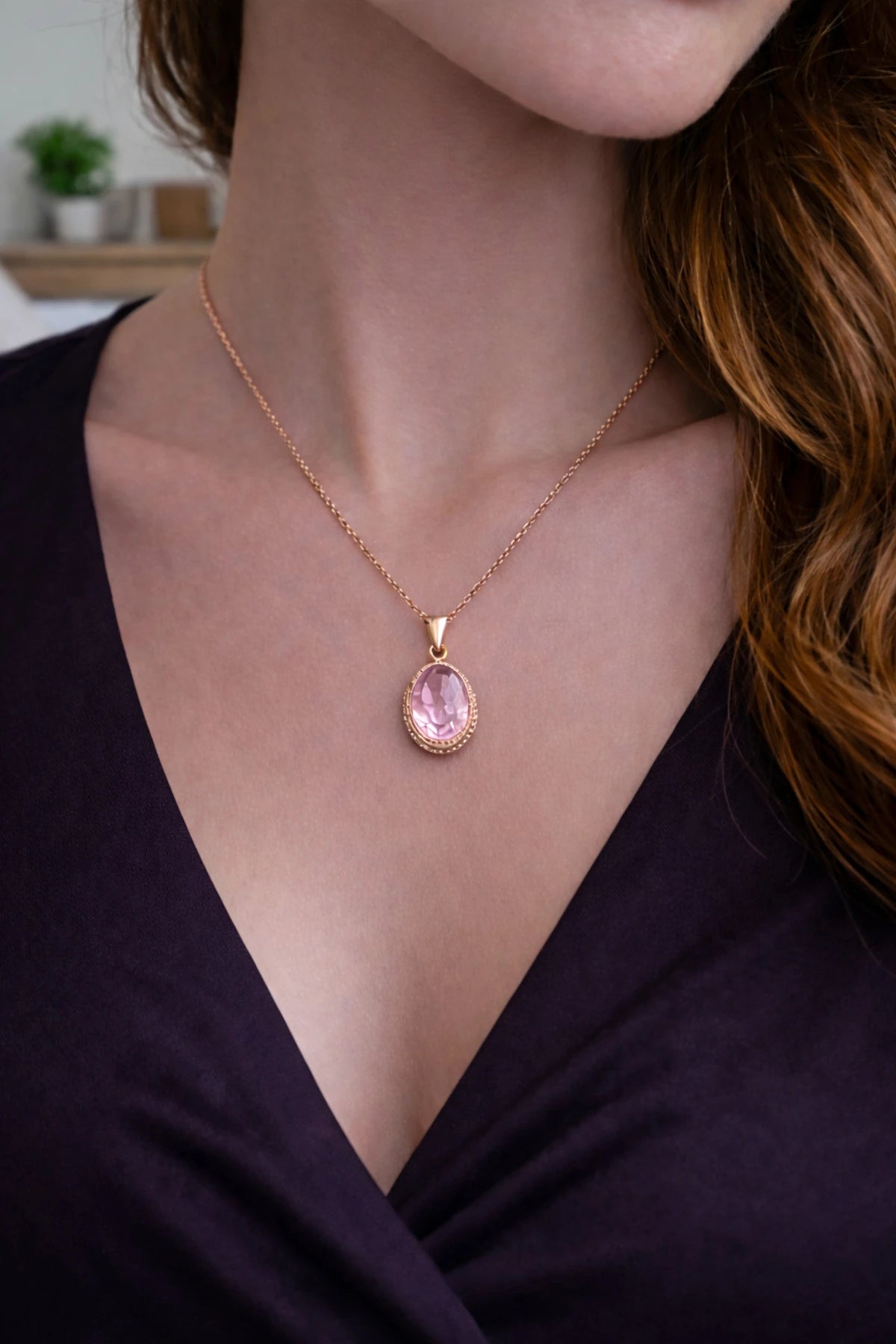 Kadın Bakır Kolye Doğal Açık Pembe Taşlı Minimal Model Kolye