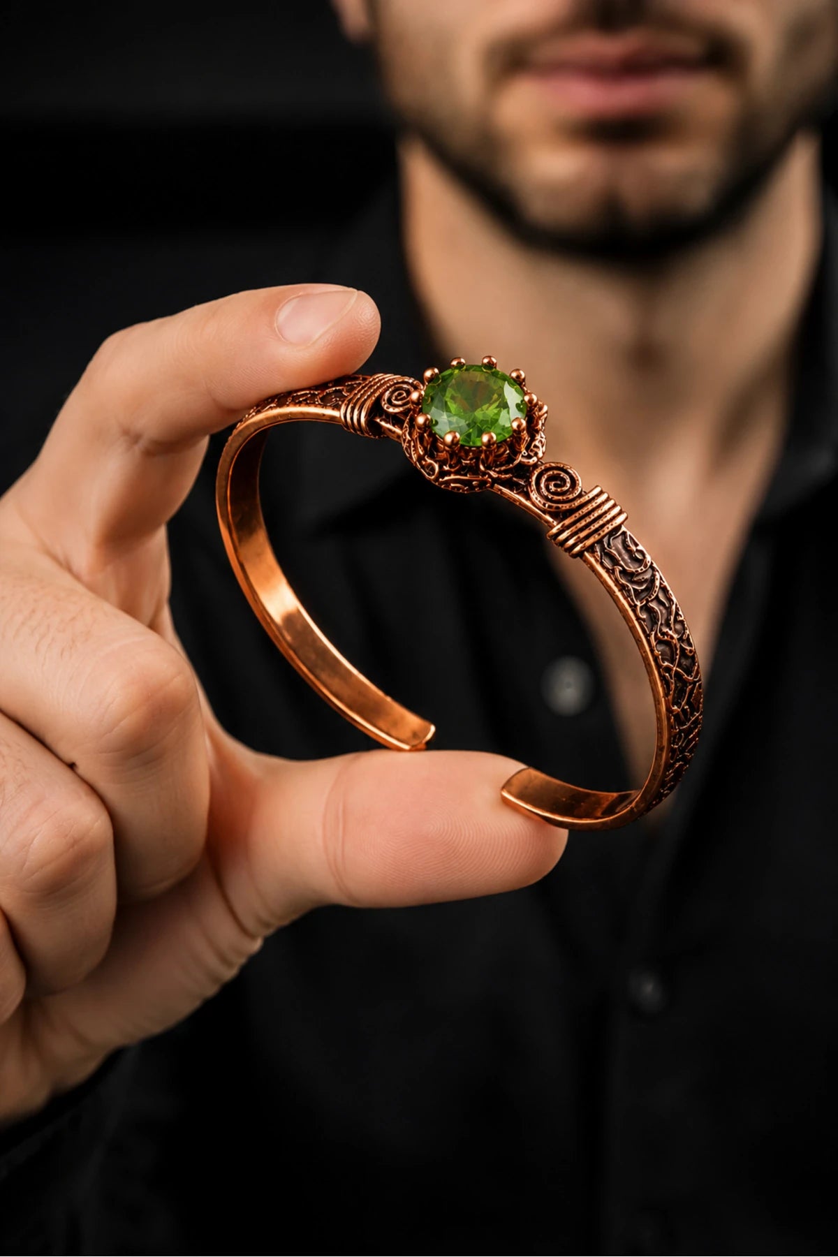 %100 Saf Bakır Yeşil Zirkon Taşlı Kadın Bileklik El Yapımı Ayarlanabilir Otantik Premium Tasarım;