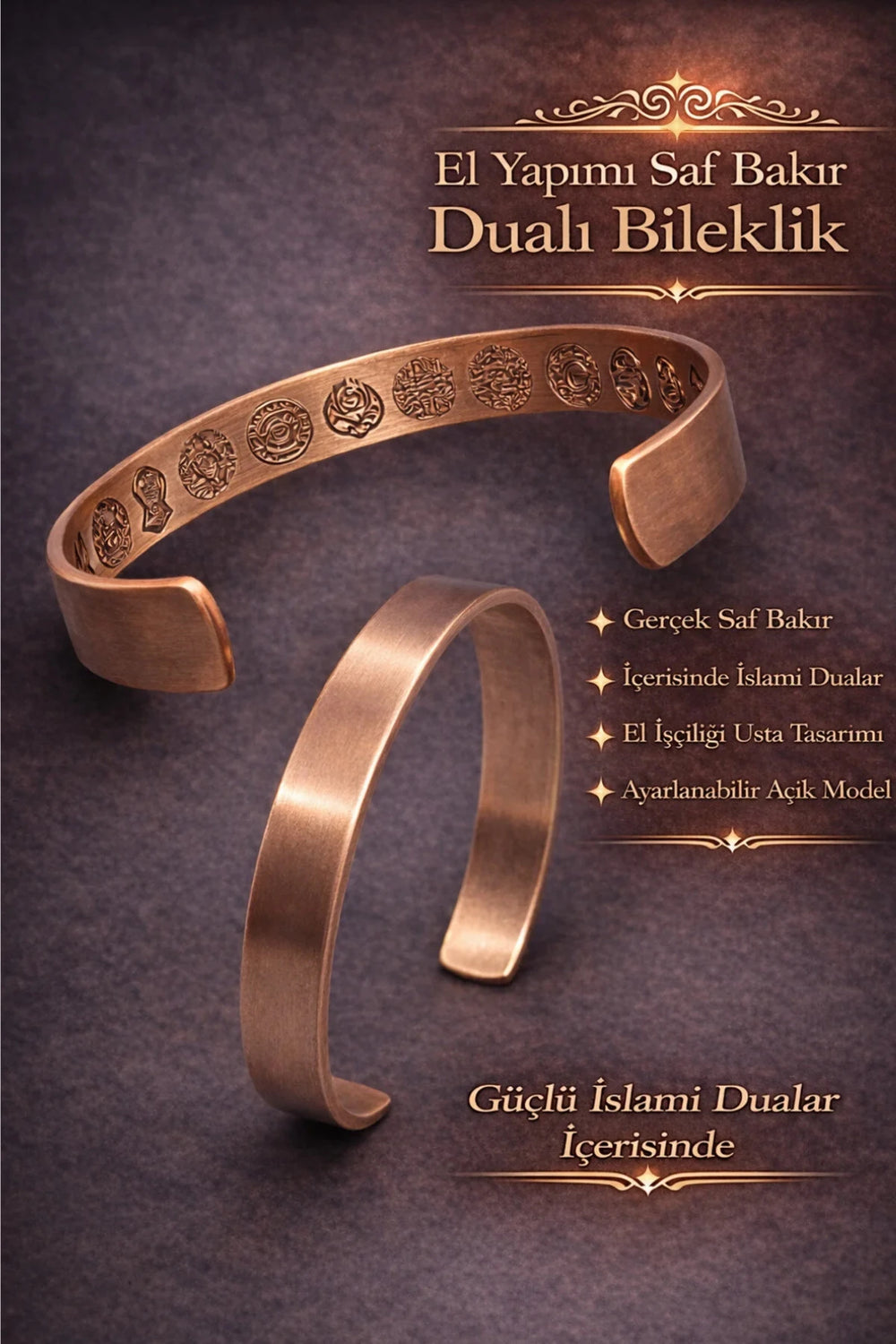 İçi Dualı Erkek Kadın %100 Saf Bakır Bileklik – Ayetel Kürsi, Mühr-ü Şerif, Elif Vav – Ayarlanabilir Metal Kutu Hediye