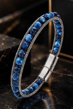 Erkek Çelik Lapis Lazuli Doğal Taş Bileklik Çift Sıra Örgü Tasarım Şık Modern Bileklik