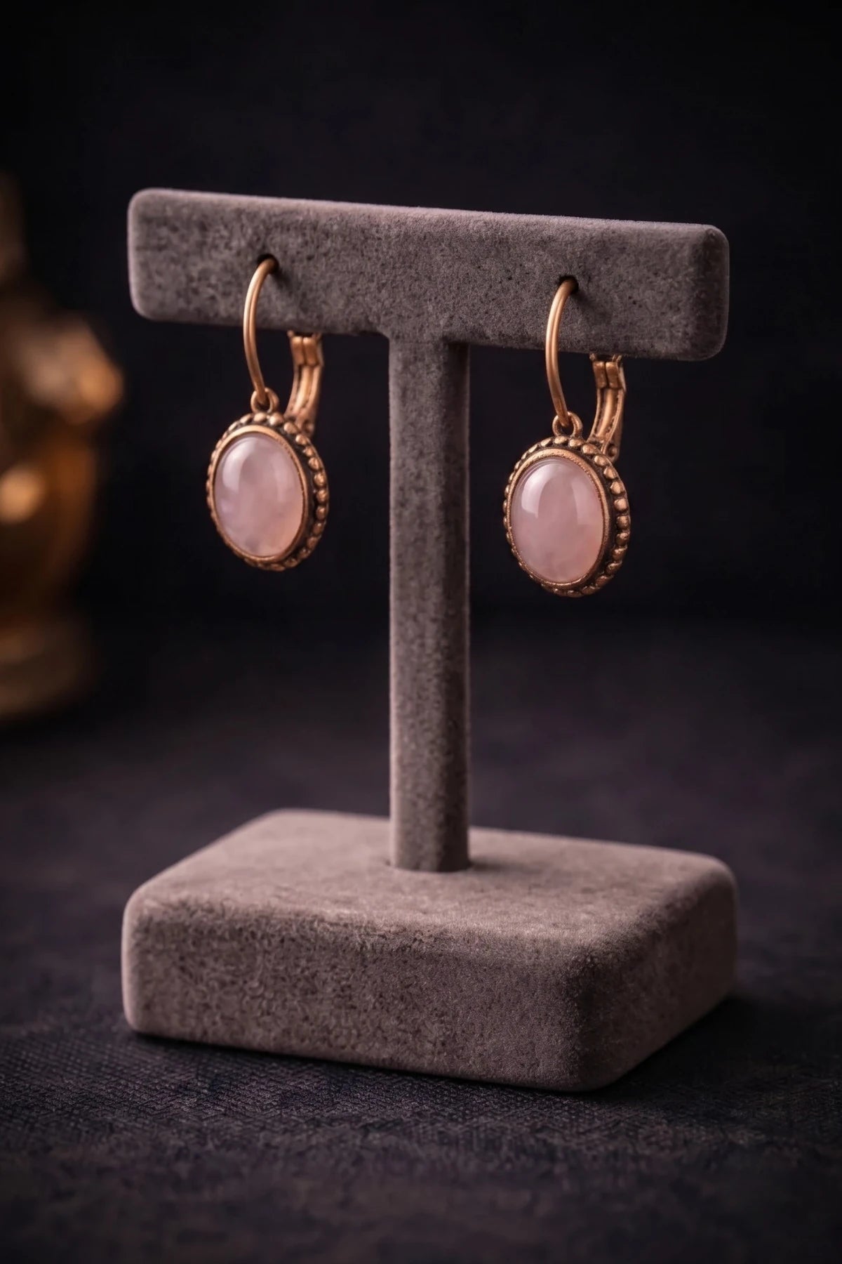 Kadın Bakır Küpe Doğal Pembe Kuvars Taşlı 0tantik Model Saf Bakır Küpe