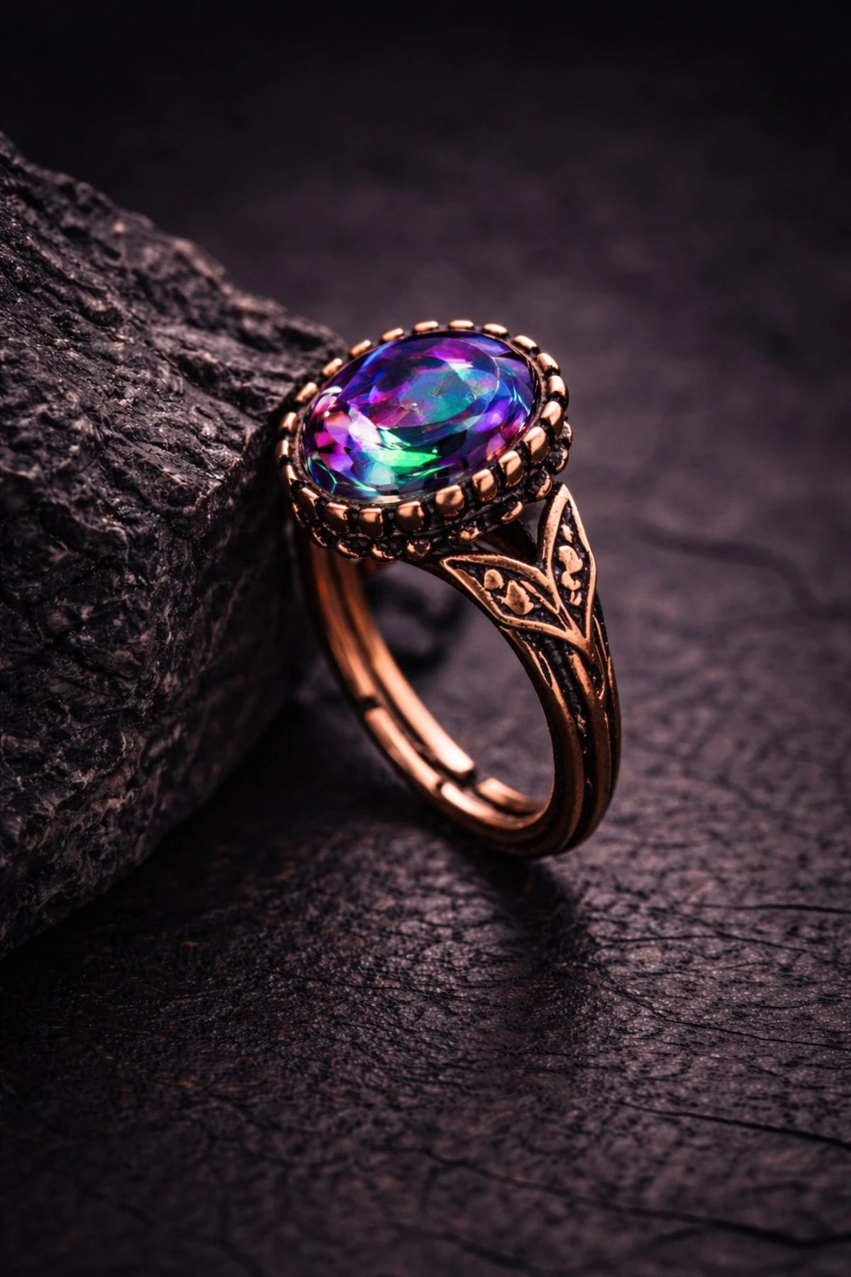 Kadın Bakır Bileklik Yüzük Set Mistik Topaz Oval Model Taşlı Kelepçe Bilezik