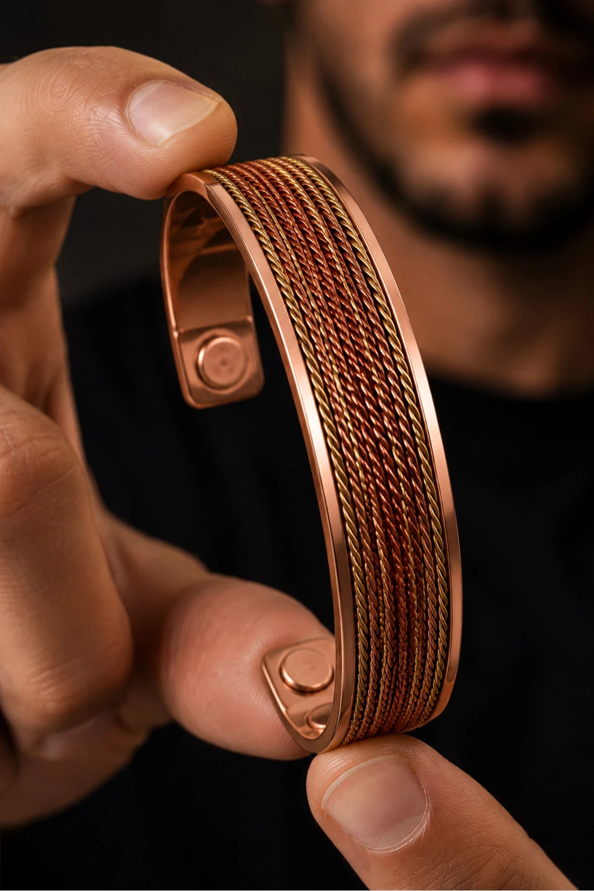 %100 Saf Bakır Manyetik Bileklik Gold ve Bakır Renk Çoklu Burgu Zincir Detaylı Kadın Ayarlanabilir Premium Tasarım