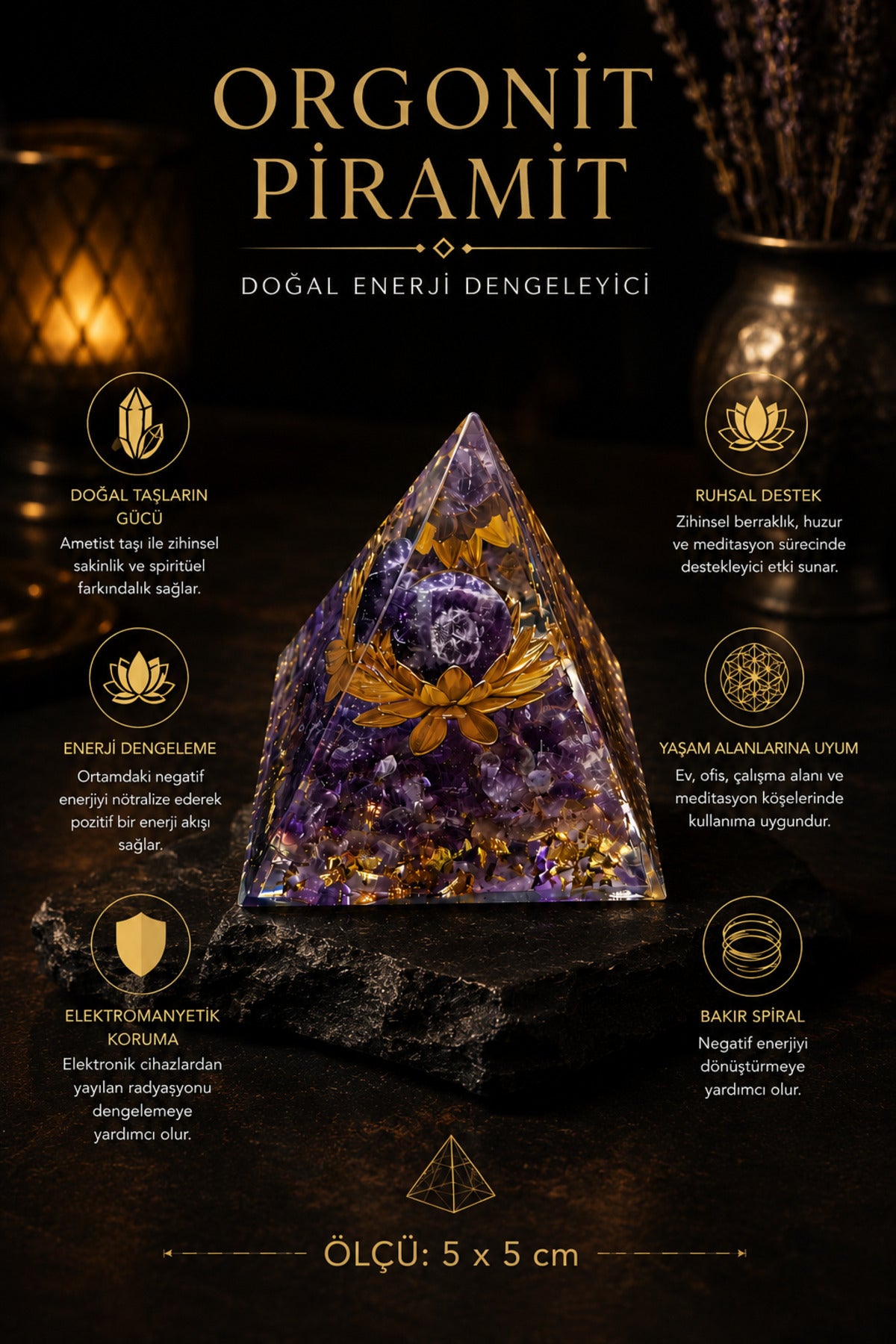Ametist Doğal Taşlı Orgonit Piramidi El Yapımı Enerji ve Meditasyon Dekoru