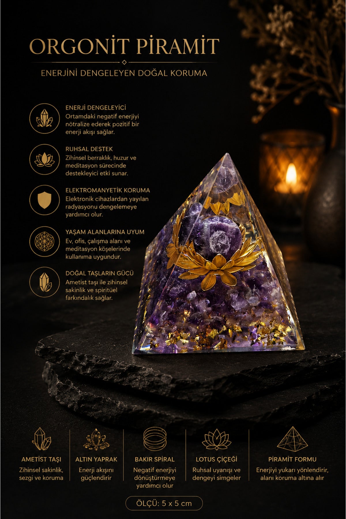 Ametist Doğal Taşlı Orgonit Piramidi El Yapımı Enerji ve Meditasyon Dekoru