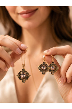 Kadın Zultanit Taşlı Otantik Kolye ve Küpe Seti Vintage El İşçiliği Şık Takı Seti