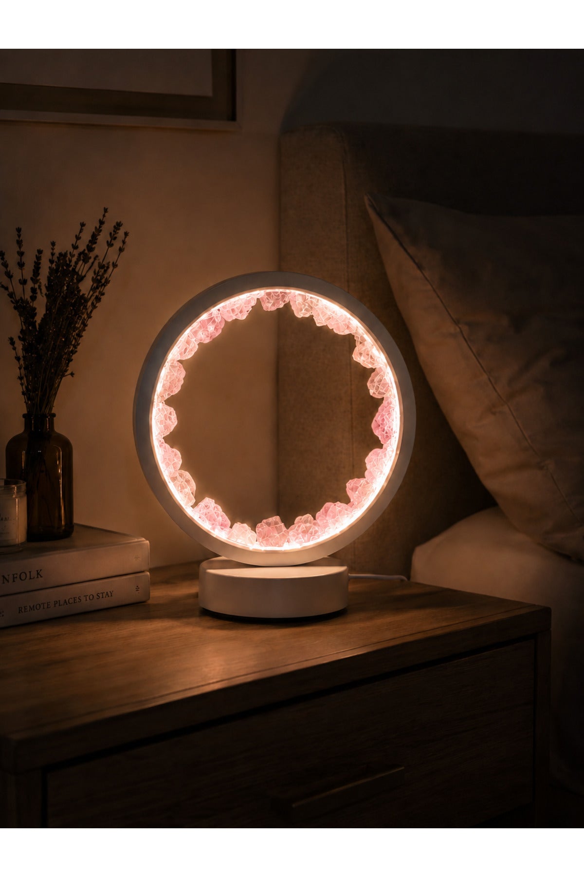 Doğal Taşlı Gece Lambası USB LED Masa Lambası Pembe Kuvars Taşlı Dekoratif Ortam Aydınlatması