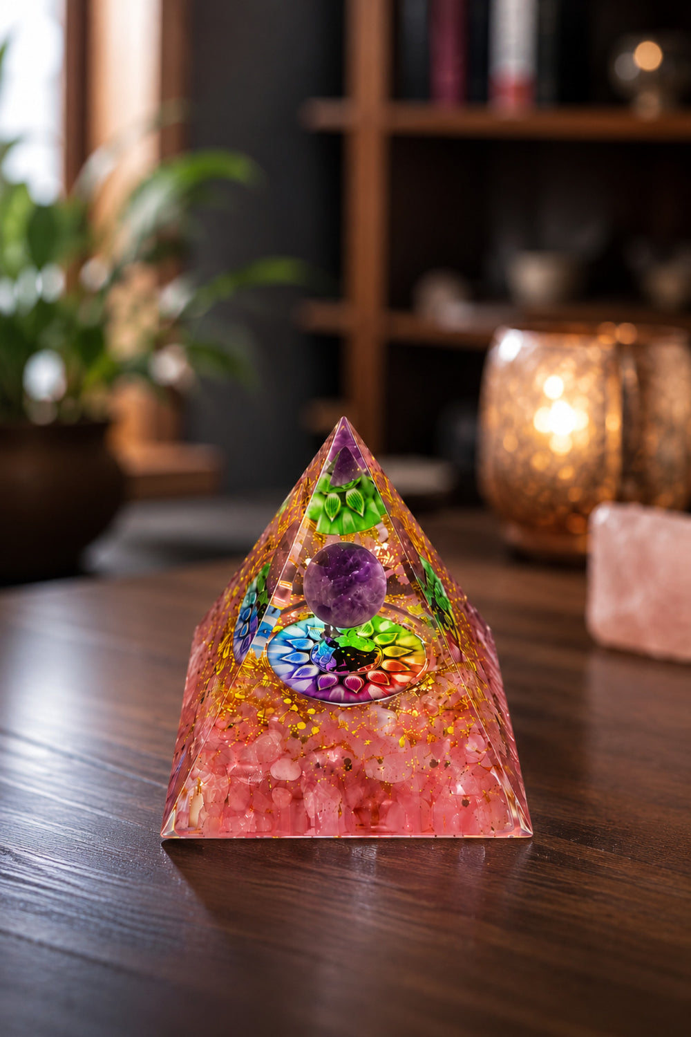Pembe Kuvars ve Ametist Taşlı Orgonit Piramidi El Yapımı Dekoratif Meditasyon Ürünü