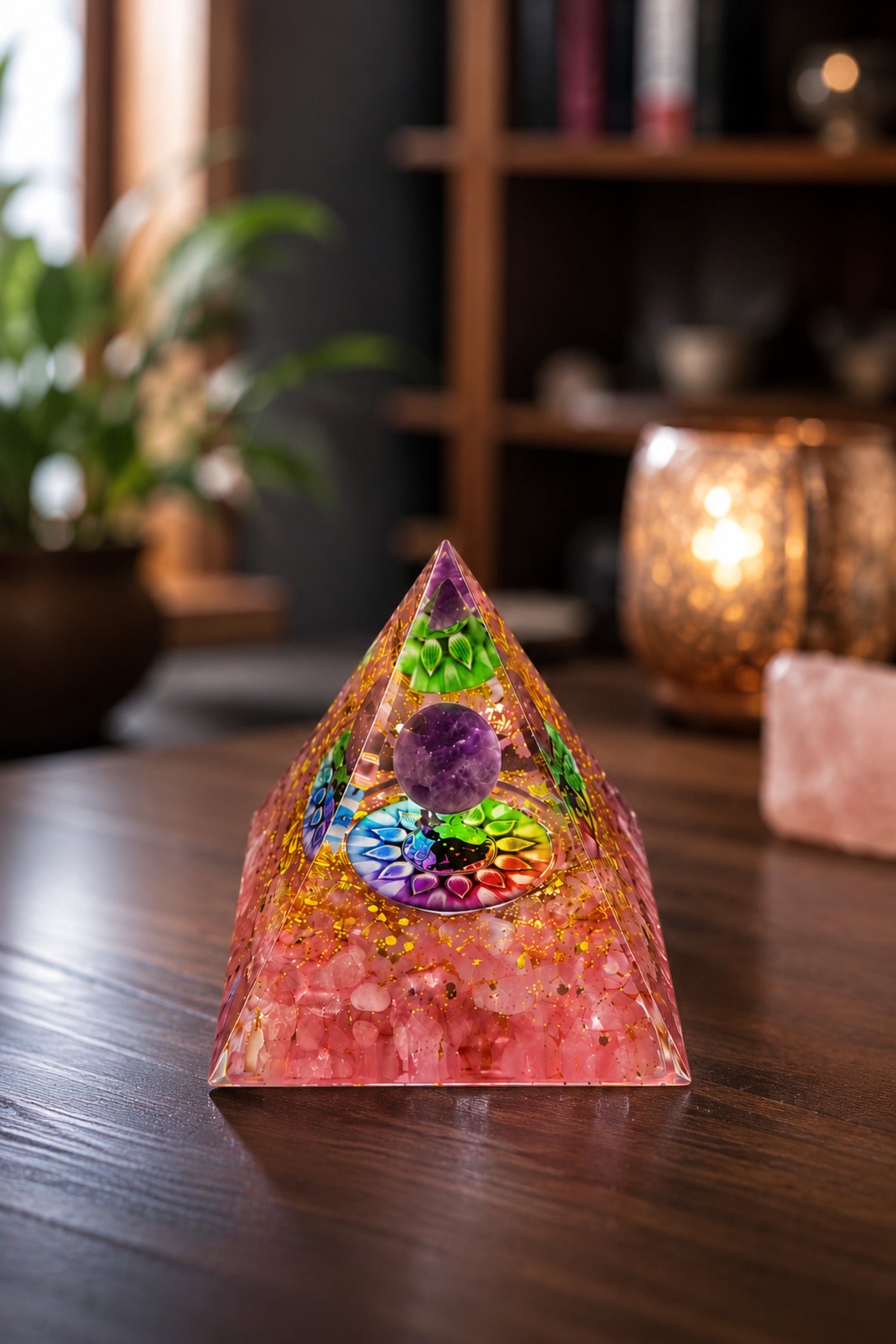 Pembe Kuvars ve Ametist Taşlı Orgonit Piramidi El Yapımı Dekoratif Meditasyon Ürünü