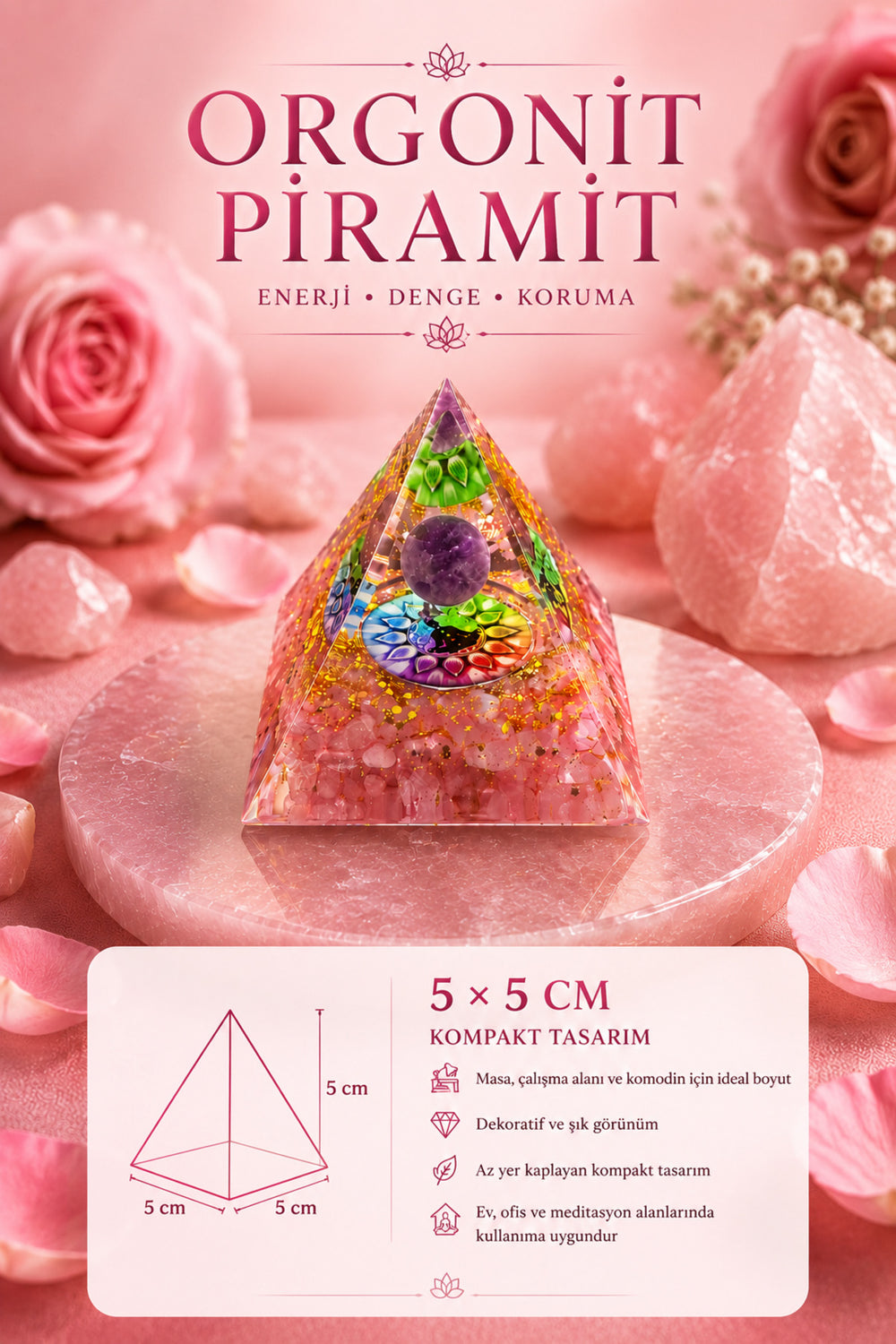 Pembe Kuvars ve Ametist Taşlı Orgonit Piramidi El Yapımı Dekoratif Meditasyon Ürünü