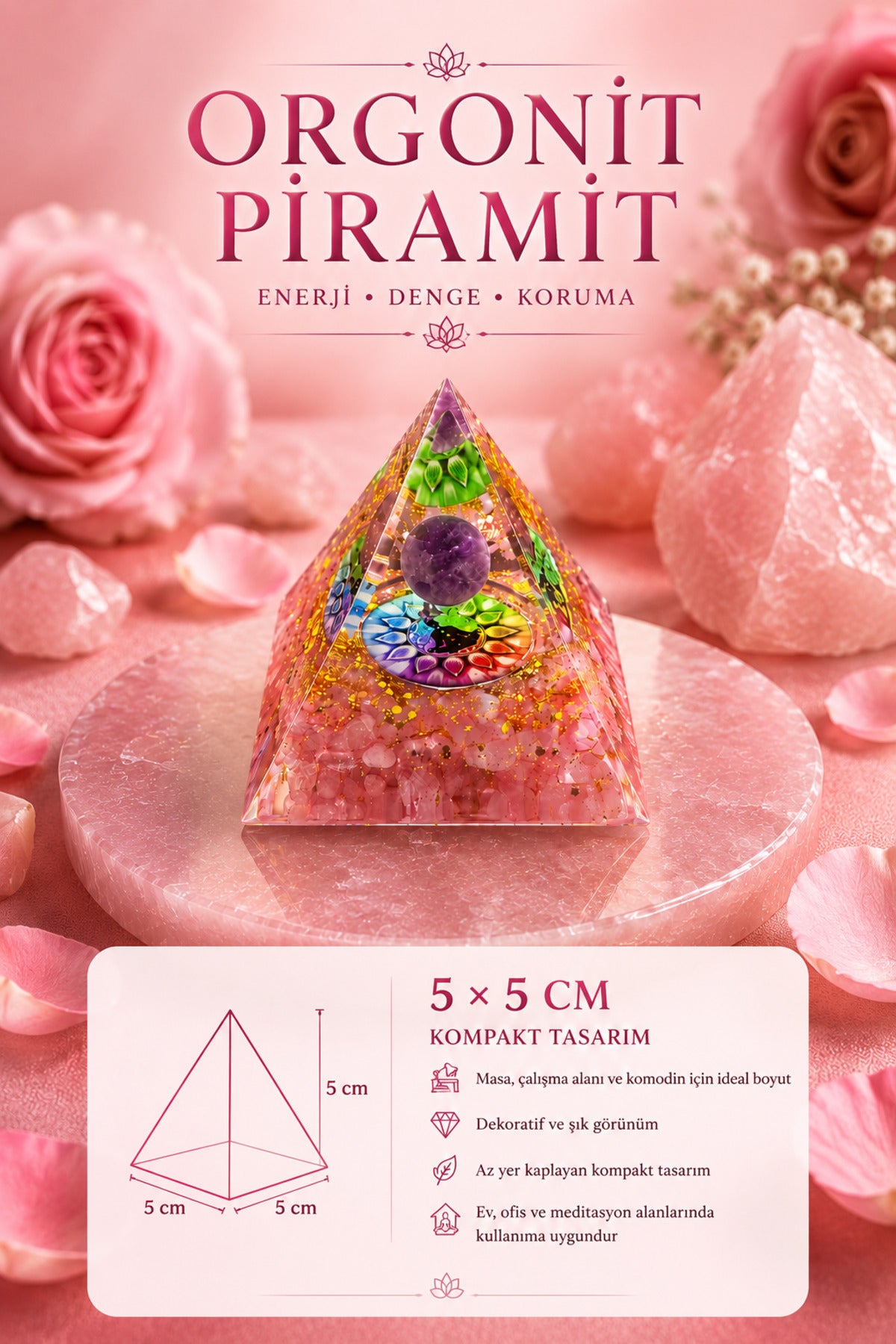 Pembe Kuvars ve Ametist Taşlı Orgonit Piramidi El Yapımı Dekoratif Meditasyon Ürünü