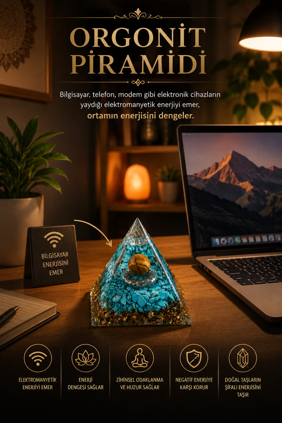 Turkuaz Doğal Taşlı Orgonit Piramidi El Yapımı Enerji ve Meditasyon Dekoru
