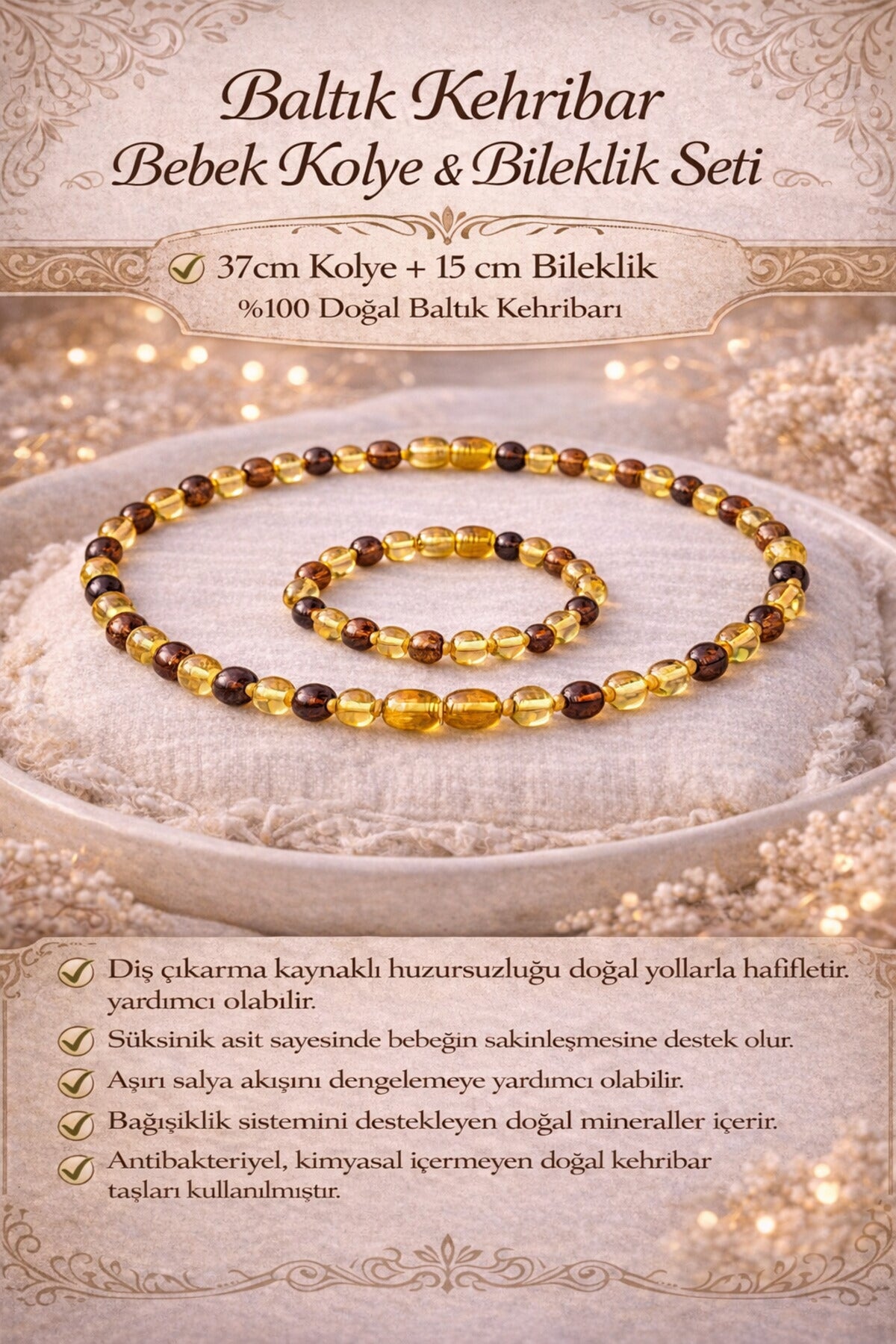 Baltık Kehribar Bebek Kolye & Bileklik Seti (37 cm + 15 cm) – Doğal Diş Çıkarma Desteği