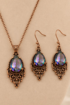 Kadın Mistik Topaz Taşlı Kolye ve Küpe Seti Otantik Vintage Tasarım Şık Takı Seti