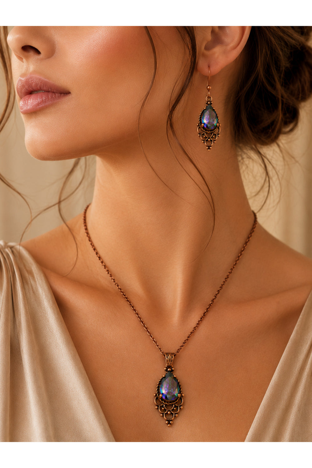 Kadın Mistik Topaz Taşlı Kolye ve Küpe Seti Otantik Vintage Tasarım Şık Takı Seti