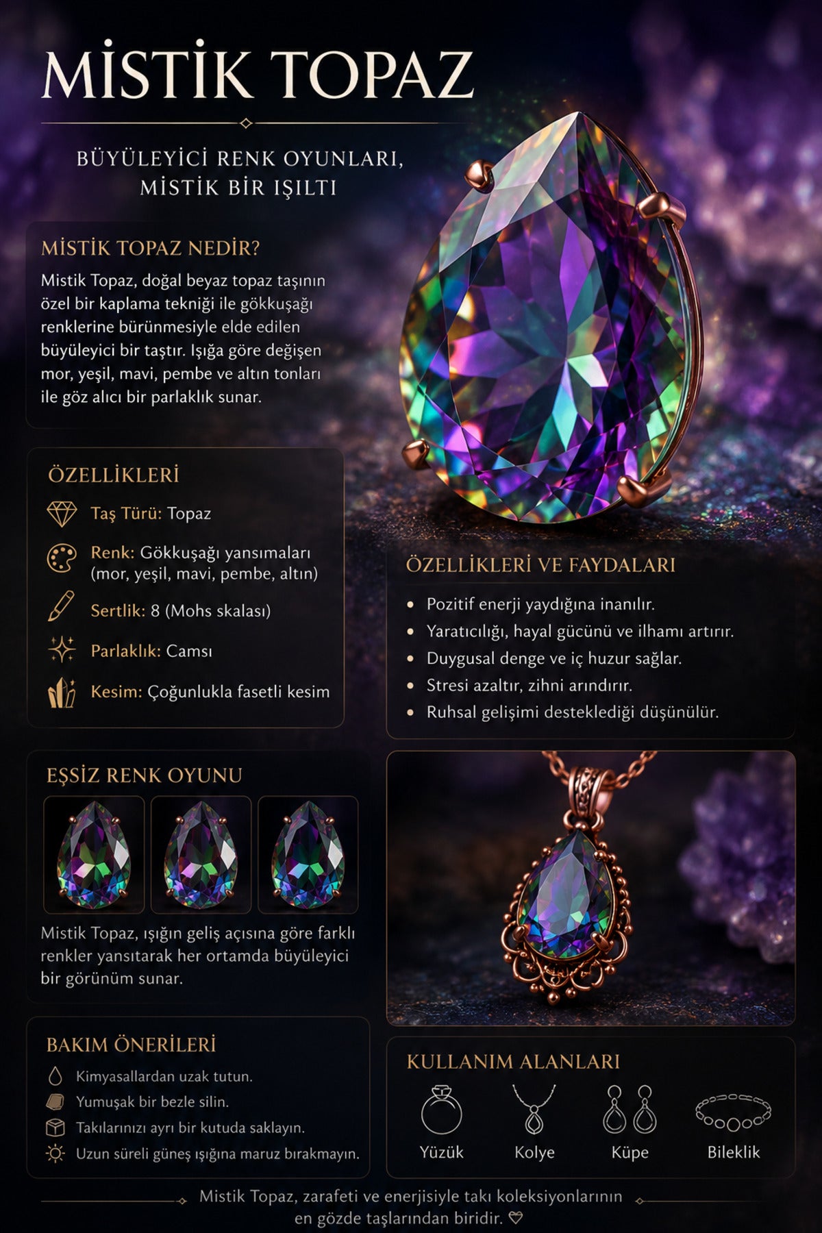 Kadın Mistik Topaz Taşlı Kolye ve Küpe Seti Otantik Vintage Tasarım Şık Takı Seti
