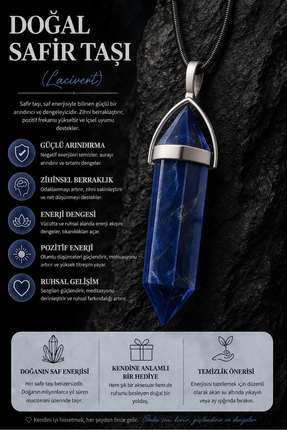 Doğal Lacivert Taşlı Kolye – Safir Kristal Uçlu, Şık ve Enerji Taşı Kolye