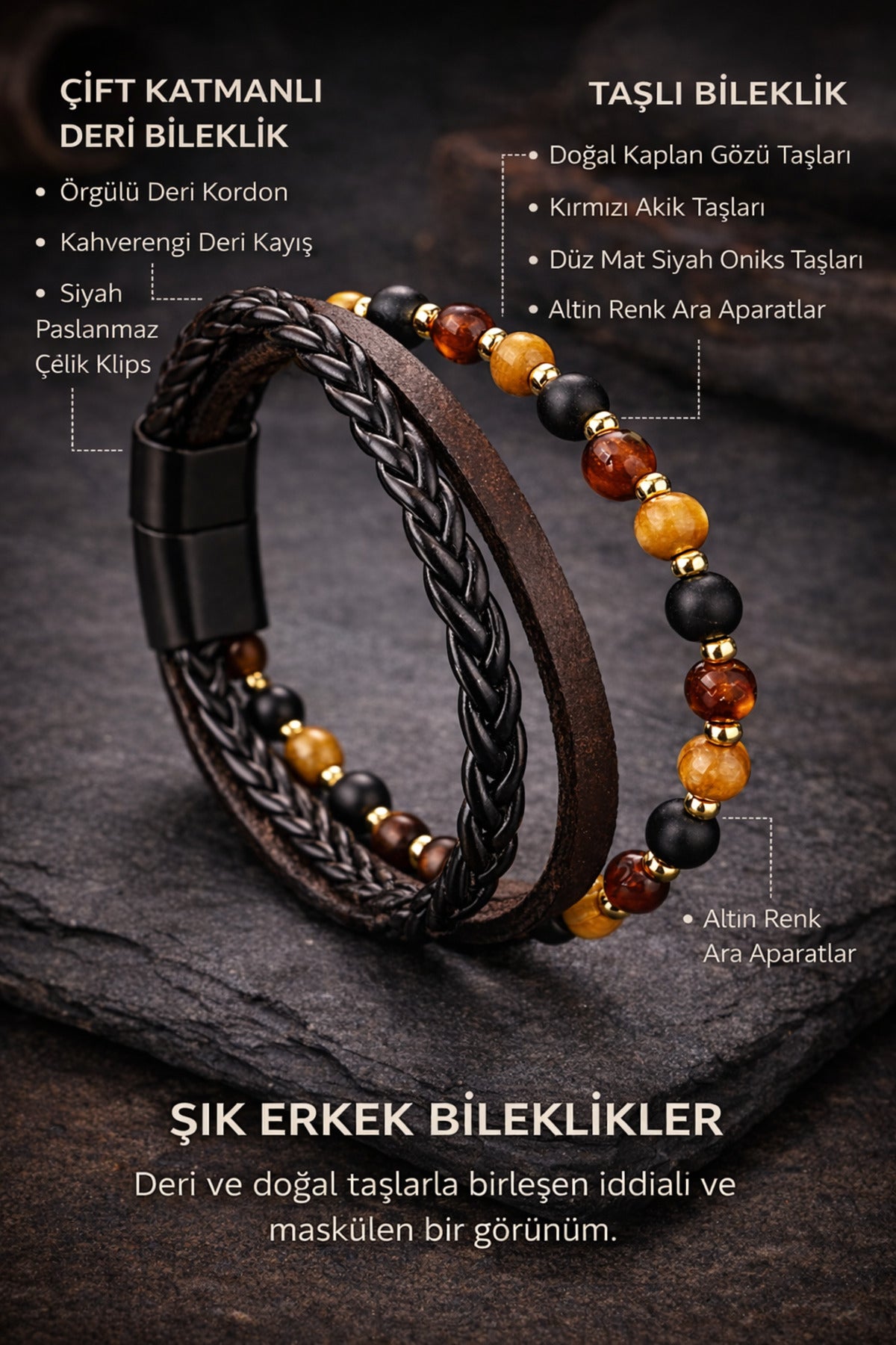 Erkek Doğal Taşlı Deri Bileklik Kaplan Gözü Akik Oniks Taşlı Çok Katmanlı Şık Bileklik