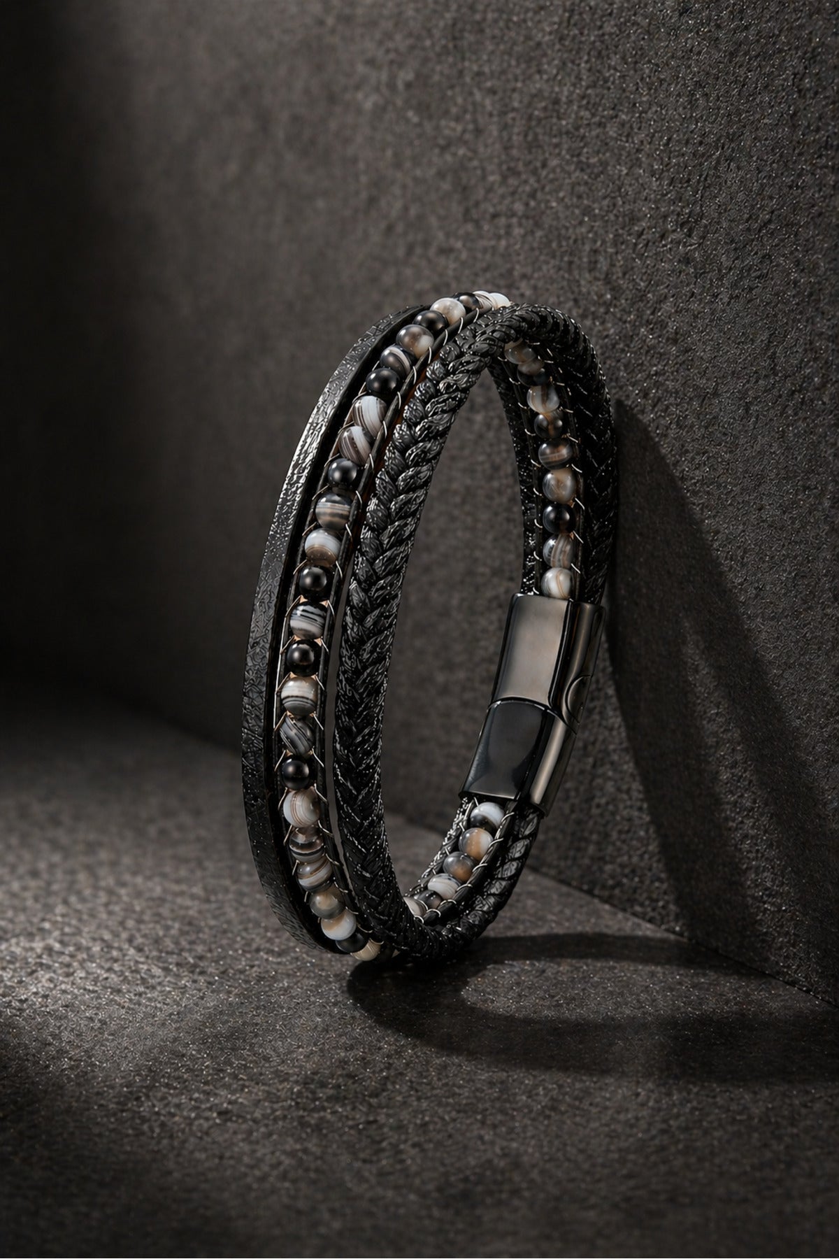 Erkek Siyah Akik Taşlı Deri Bileklik Çok Katmanlı Siyah Örgü Tasarım Çelik Klipsli Şık Bileklik