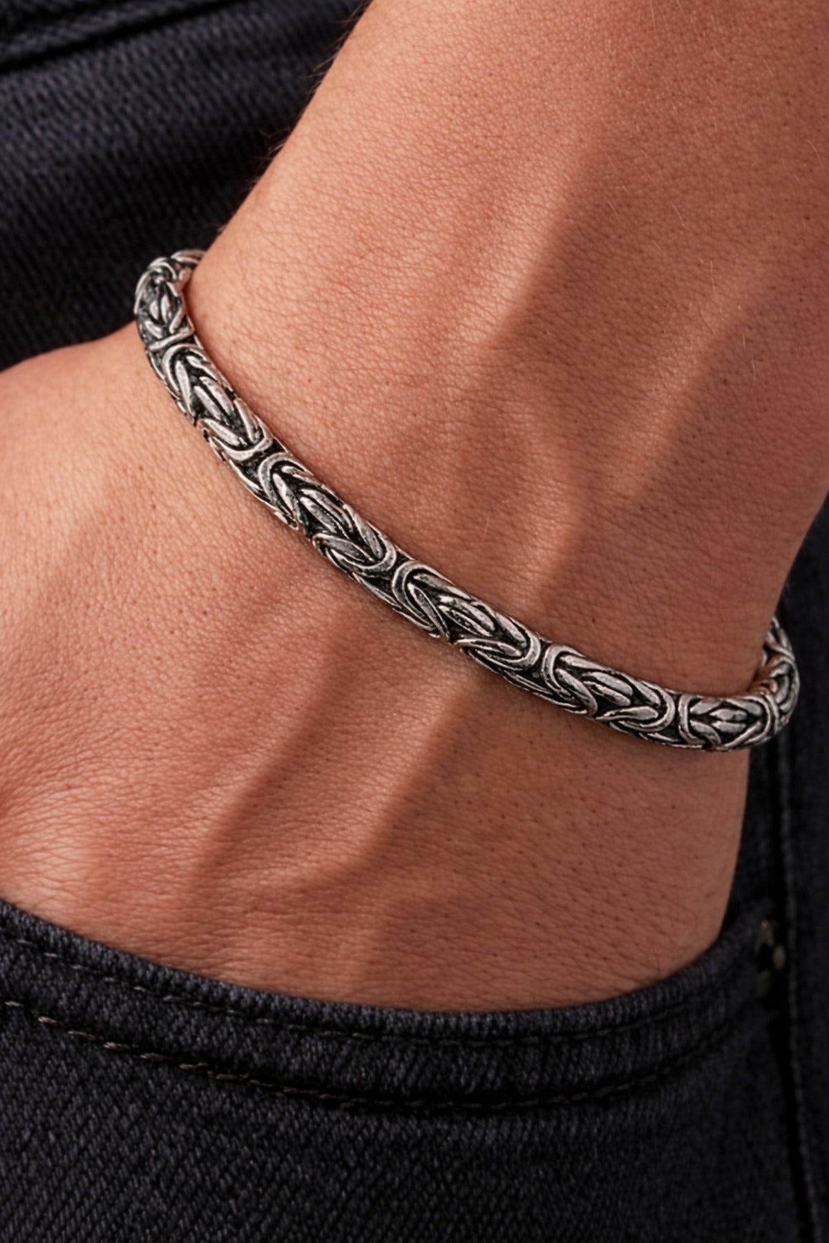 Erkek 925 Ayar Gümüş Oksitli Yuvarlak Kral Bileklik 17,5 gr 20 cm Örgü Model Güçlü Premium Tasarım