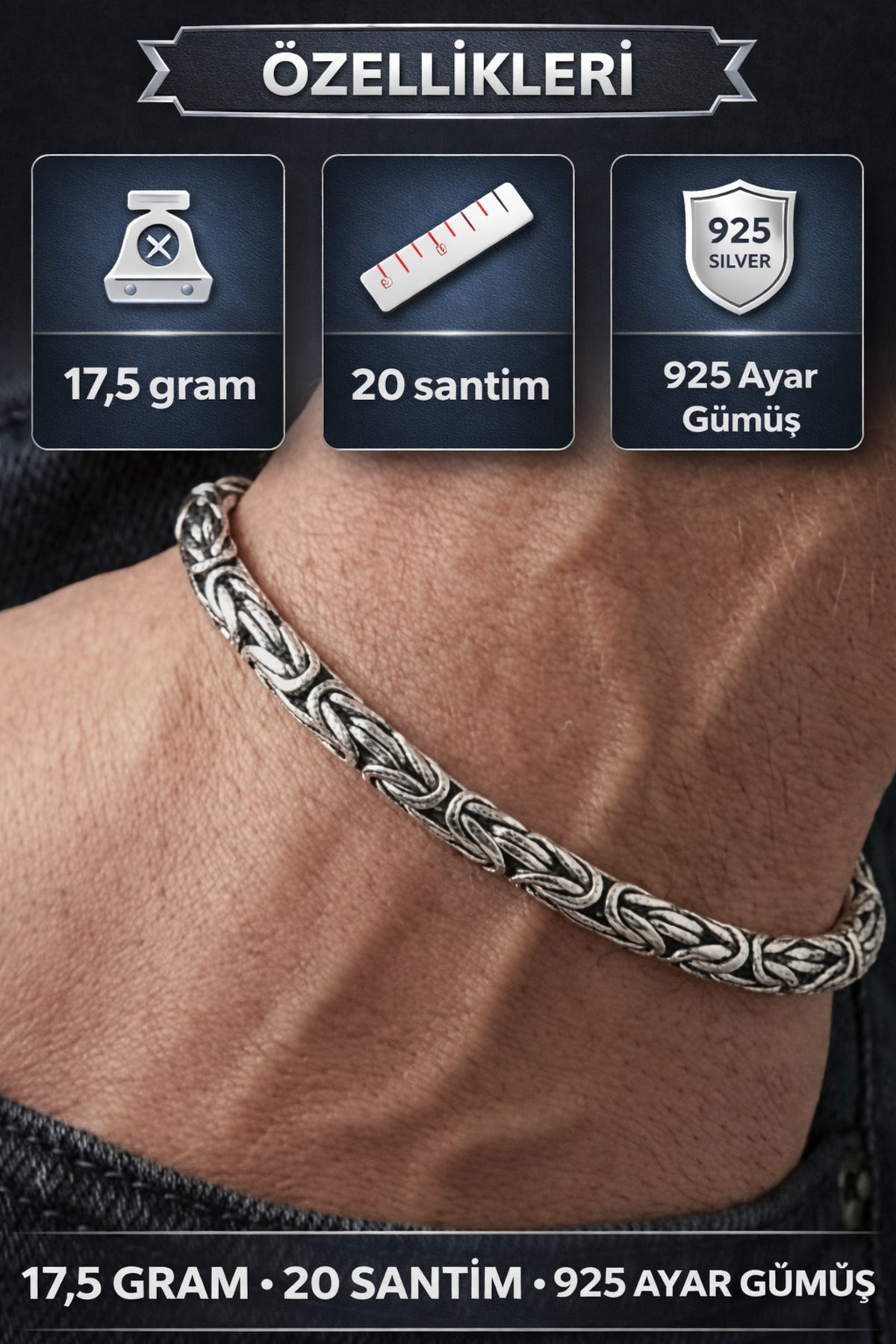 Erkek 925 Ayar Gümüş Oksitli Yuvarlak Kral Bileklik 17,5 gr 20 cm Örgü Model Güçlü Premium Tasarım