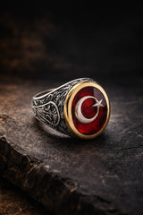 Erkek Gümüş Yüzük Ay Yıldız Türk Bayrağı İşlemeli Oval Motifli 925 Ayar Gümüş Yüzük