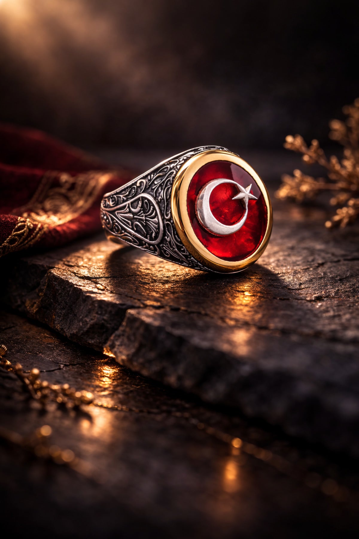 Erkek Gümüş Yüzük Ay Yıldız Türk Bayrağı İşlemeli Oval Motifli 925 Ayar Gümüş Yüzük