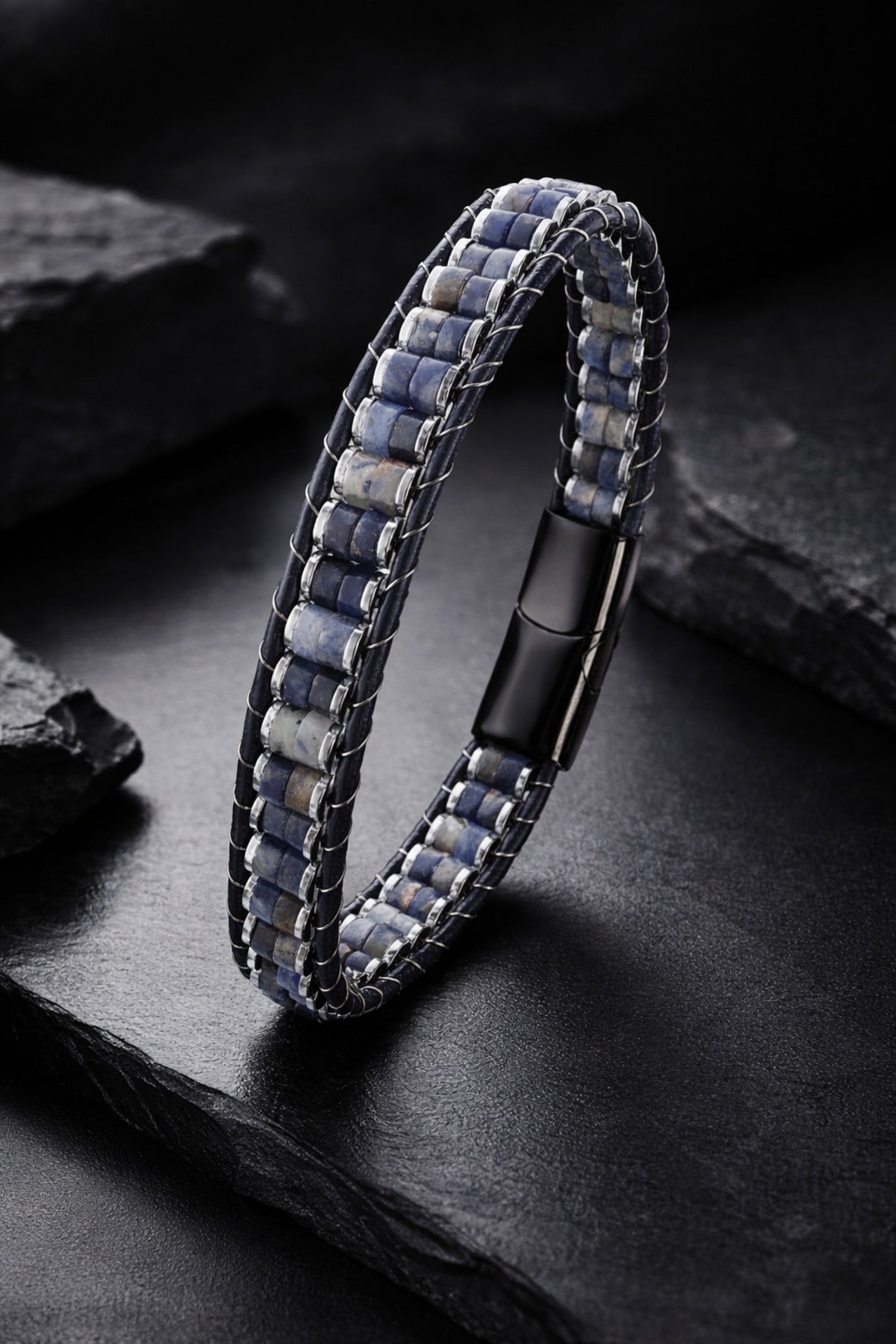 Erkek Doğal Lapis Lazuli Taşlı Deri Kordon Erkek Künye Bileklik
