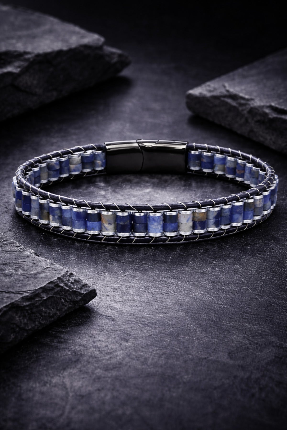 Erkek Doğal Lapis Lazuli Taşlı Deri Kordon Erkek Künye Bileklik