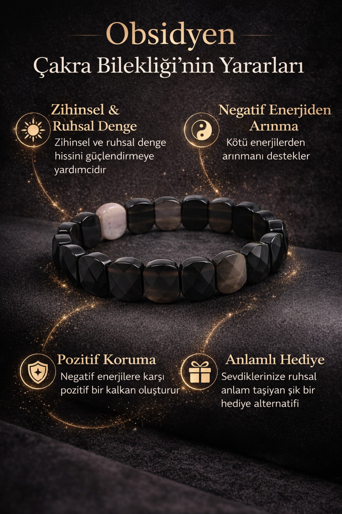 Doğal Taş Obsidyen Çakra Bilekliği Negatif Enerji Koruyucu El Yapımı Erkek Bileklik
