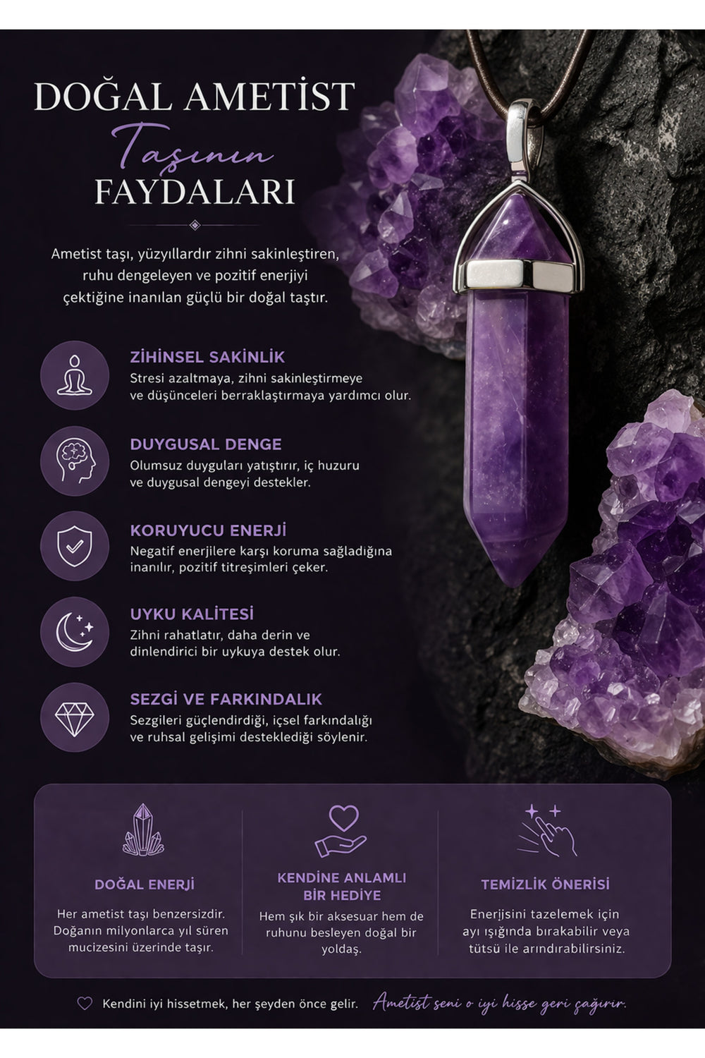 Doğal Ametist Taşlı Kolye – Mor Kristal Uçlu, Şık ve Enerji Taşı Kolye