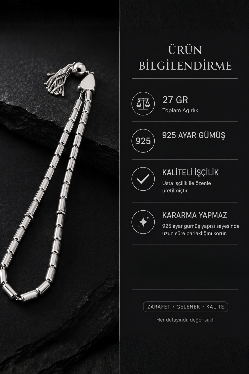 Erkek 925 Ayar Gümüş Tesbih 27 gr Püsküllü Kapsül Kesim Şık Tasarım