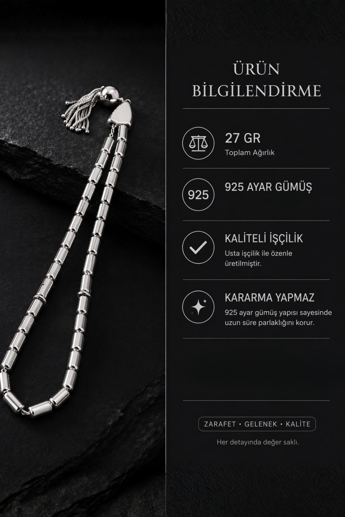 Erkek 925 Ayar Gümüş Tesbih 27 gr Püsküllü Kapsül Kesim Şık Tasarım