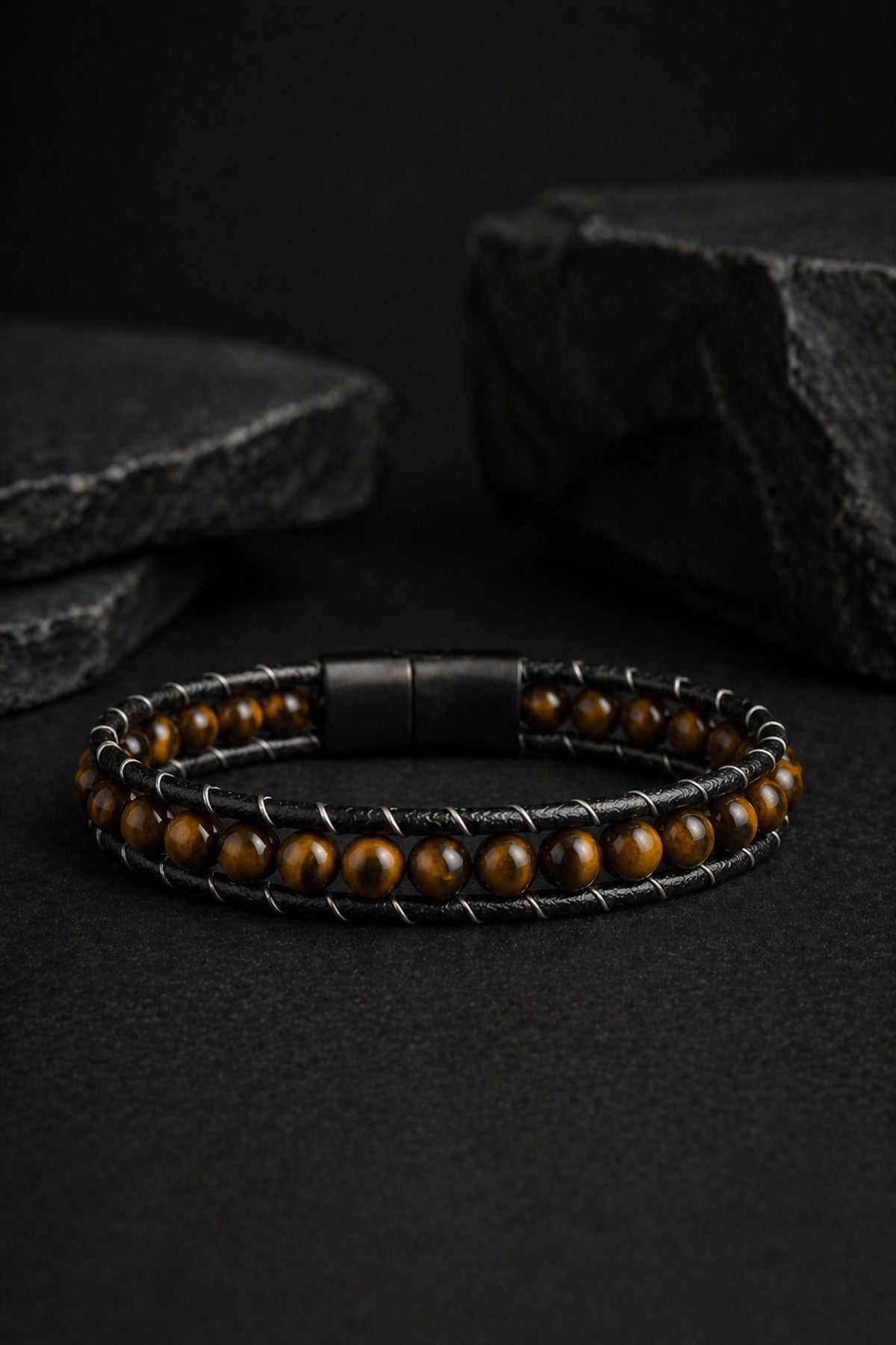 Erkek Kaplan Gözü Taşlı Deri Bileklik Çok Katmanlı Doğal Taş Örgü Tasarım Kilitli Şık Bileklik