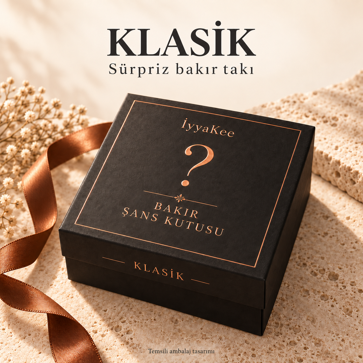 Klasik Bakır Şans Kutusu; sürpriz bakır takı için temsili ambalaj tasarımı.