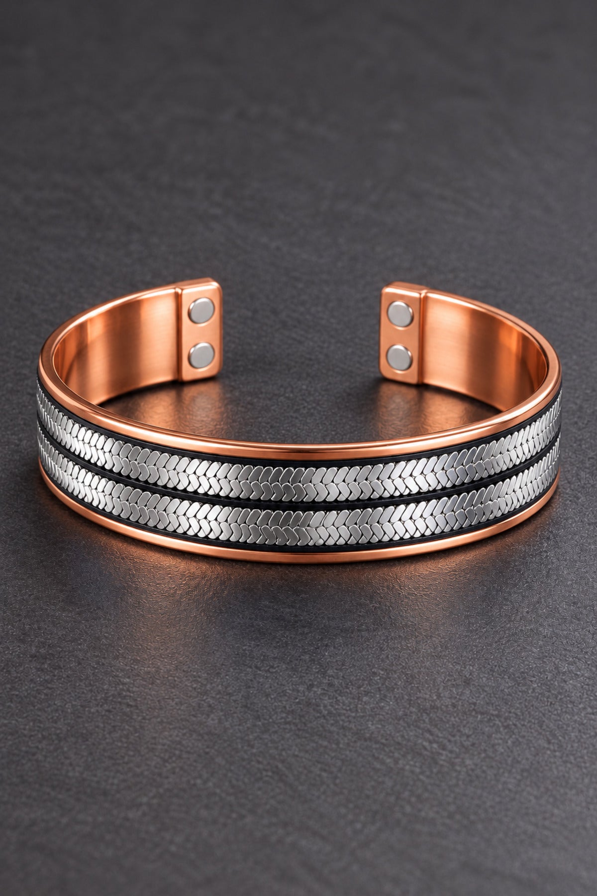 Erkek Bakır Bileklik Çelik Balık Sırtı Model Manyetik Çift Mıknatıslı Bakır Bileklik Ayarlanabilir